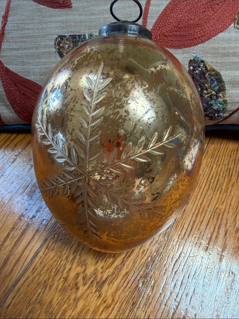 Kugel style vintage mercury glass egg shaped ornament with etched snowflake.
